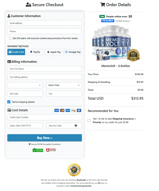 MemoVolt Secure Checkout Page